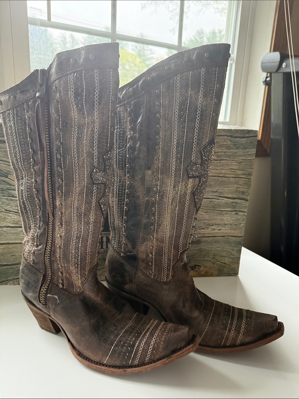 Corral Vintage Distressed Brown Embroidered Knee-High Western Boots